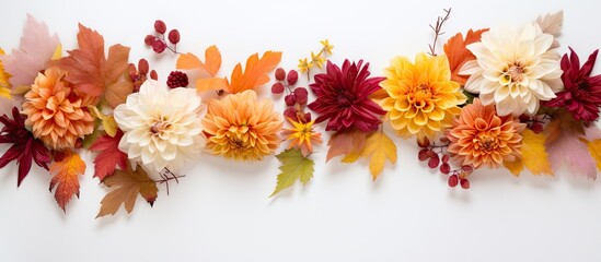 Aufkleber - Floral arrangement capturing the essence of autumn with fresh flowers arranged in a frame on a white background, conveying a fall theme perfect for top-down photography with ample copy space image.