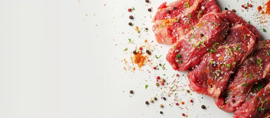 Sticker - Raw meat seasoned with spices, with a rustic appearance, displayed against a plain background in a copy space image.