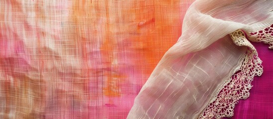 Fototapete - Natural linen with lace ribbon against a vibrant cloth backdrop, creating a border frame for a copy space image.