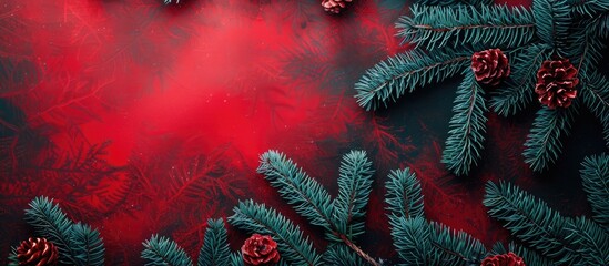 Wall Mural - Christmas background concept with a top view of Christmas spruce branches on a red and black background, suitable for copy space image.