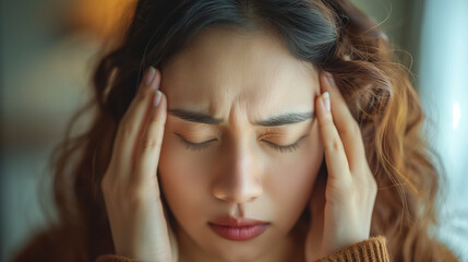 Wall Mural - a young woman has a headache and stress . 