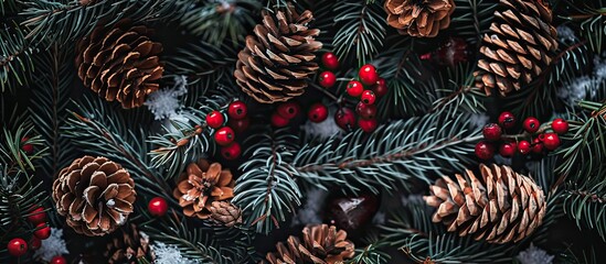 Poster - Top-down view of a Christmas tree made of twigs, adorned with brown pine cones, red berries, and snow, allowing for text placement in the image.