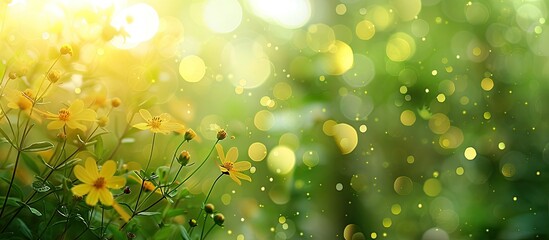 Poster - Green blurred background with a yellow tint featuring bokeh circles surrounding wildflowers and leaves, ideal for copy space image.