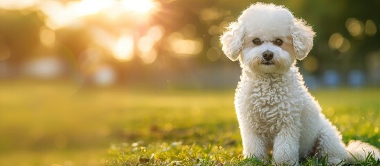 Poster - Adorable Bichon Frise pup sitting on green park grass with copy space image.