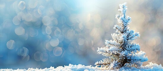 Poster - a small pine tree covered in fresh snow against a blurred blue background, ideal for a merry christm