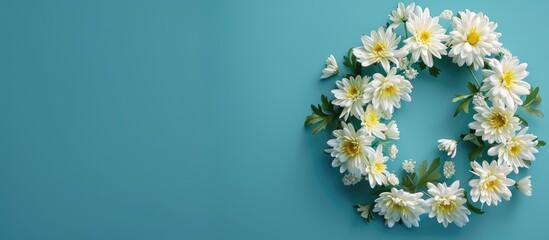 Poster - An aerial view of an exquisite floral wreath made with white and yellow chrysanthemum blossoms on a blue background with copy space image.