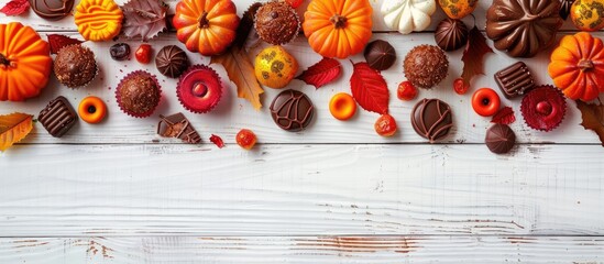 Aufkleber - Top view of an array of classic autumn sweets on a white wooden backdrop, forming a side border with room for text or images.