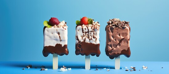 Sticker - Popsicle-shaped mousse dessert flavored with fruits, covered in white and dark chocolate, displayed on a blue surface with copy space image.