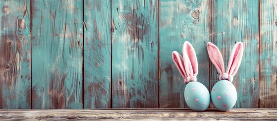 Poster - Easter eggs wearing bunny ears on a rustic wooden backdrop with copy space image.