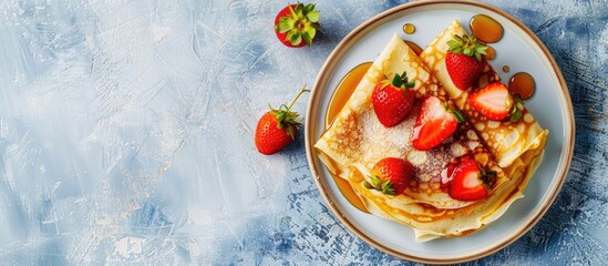Poster - Blue concrete backdrop featuring crepes or blini topped with strawberries and honey, providing copy space image.