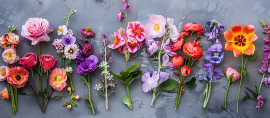 Sticker - A selection of spring blossoms displayed from above against a muted gray backdrop, with room for more elements. Attractive scene depicting summertime flowers.