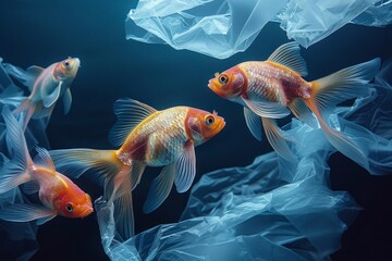 Wall Mural - Tropical fish swim in the ocean in plastic garbage underwater