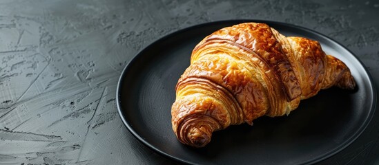 Sticker - A tempting croissant on a black plate with a dark backdrop in a close-up copy space image.