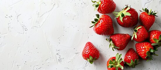 Poster - Fresh strawberries with bite marks, set on a white background, offer ample copy space image.