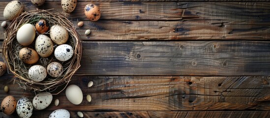 Aufkleber - Top view of a wooden table with a nest holding chicken and quail eggs, surrounded by Easter eggs, providing ample copy space image.
