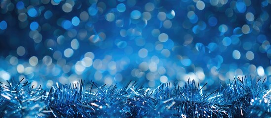Poster - Festive postcard template with a blue background, silver tinsel border for Merry Christmas and Happy New Year wishes, including a designated area for text or copy space image.