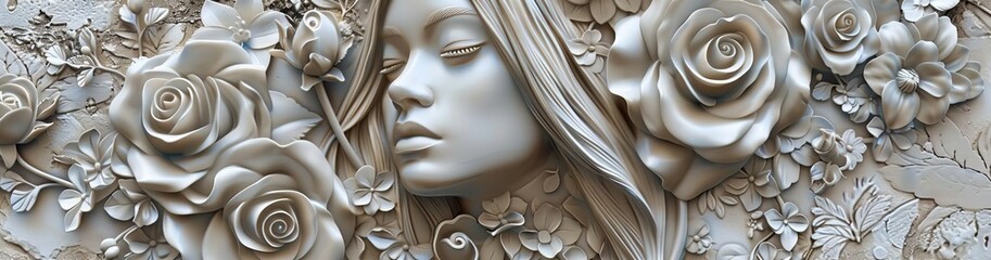 Beautiful Stone color 3D relief floral wallpaper with a female face. Mural wallpaper. Wall art. AI generated illustration.