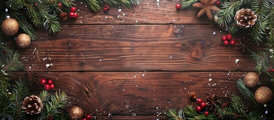 Poster - Wooden texture with Christmas decor frames instant with copy space image.
