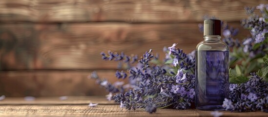 Poster - A bottle for cosmetics placed on a wooden background with lavender flowers, featuring an empty copy space image for advertising.