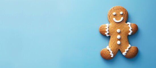 Canvas Print - A gingerbread man with white icing on blue pastel backdrop, perfect for Christmas, with copy space image for a festive touch.