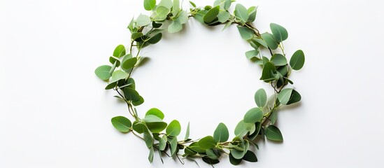 Aufkleber - Top view of a eucalyptus wreath on a white surface providing copy space image.