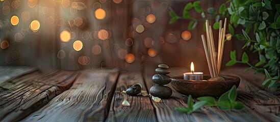 Poster - A serene background featuring joss sticks, candlelight, stones, fresh leaves on wood, ideal for meditation, yoga, and well-being activities with copy space image available.