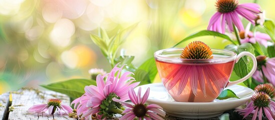 Wall Mural - A beneficial medicinal plant, Echinacea's immunostimulating properties make it ideal to include in an herbal tea served in a cup with copy space image.