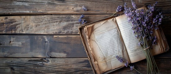 Poster - A branch of dried lavender flowers and an empty aromatherapy recipe book placed on a rustic wooden table with a blank space for text or images. Conveys the idea of herbal medicine.