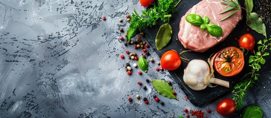 Poster - Fresh pork loin with spices and veggies on a grey stone backdrop, perfect for healthy meals. Includes tomato, bay leaf, ideal for cooking concepts. Room for text or image.