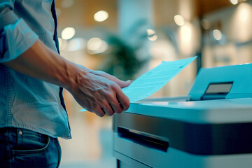 Person operating a modern office printer, printing documents in a professional workspace setting with blurred background.