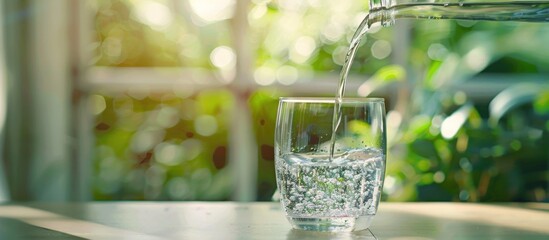 Wall Mural - Water Pouring Into a Glass with a Blurry Green Background