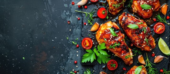 Poster - Asian-style marinated chicken with honey, garlic, soy sauce, herbs, and veggies on copy space image.