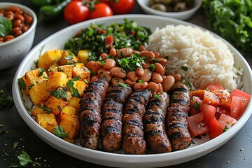 Wall Mural - food meat beef meal dinner grill kebab traditional barbecue lunch dish onion salad tomato turkish delicious red fried lamb cuisine restaurant