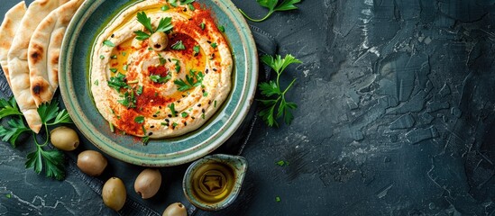 Aufkleber - A classic Middle Eastern dish of hummus presented on a vintage ceramic plate with olives, herbs, and pita bread, drizzled with olive oil and paprika, shown in a top-down view with copy space image.