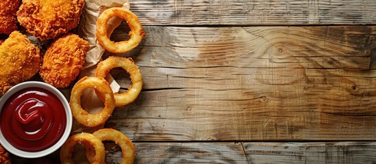 Wall Mural - Top view of delicious chicken nuggets, onion rings, and ketchup on a wooden surface with available copy space image.