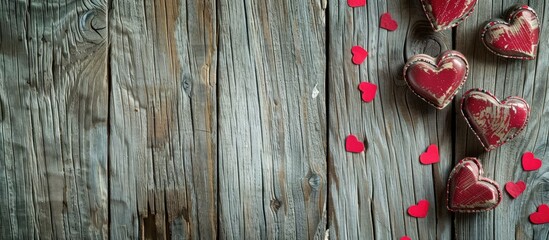 Wall Mural - Valentine's day greeting card with hearts on wooden backdrop, ideal for Mother's Day and Valentine's Day, featuring love-themed copy space image.