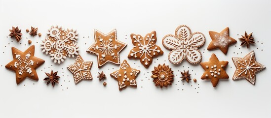 Poster - Traditional German gingerbread cookies displayed on a white background with copy space image. They are a classic Christmas delicacy, captured from the top view.