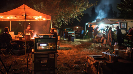 Gasoline Generator Powering Community Farm Event Under Twilight Sky