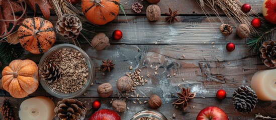Poster - Rustic wood background with a variety of Thanksgiving decorations like pumpkins, nuts, oats, pine cones, apples, and candles, creating a warm atmosphere for your copy space image.