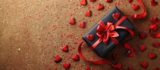 Poster - Festive gift box adorned with red hearts and ribbon on a cork background, perfect for holidays like birthdays or Valentine's Day. Ideal for a copy space image.