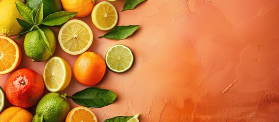 Poster - Citrus fruits laid out beautifully on a colored background with a bit of space for text. Copy space image.