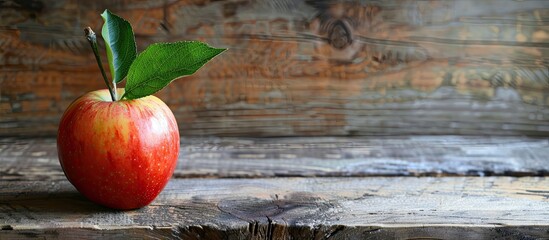 Poster - An apple resting on a rustic wooden table with available copy space image.