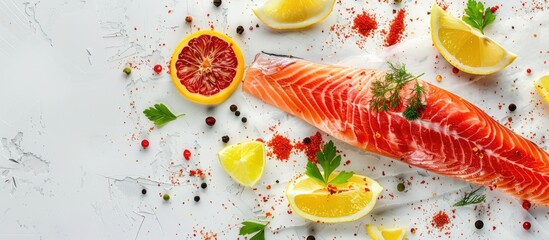 Poster - Red fish steak with lemon and spices on a light background, featuring a copy space image.