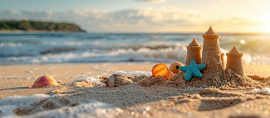 Poster - Sand castles and plastic toys placed on the beach near the sea, creating a picturesque scene with copy space image available.