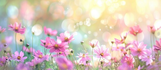 Poster - Spring-themed blurred bokeh image with Cosmos flowers in the background, ideal for copy space.