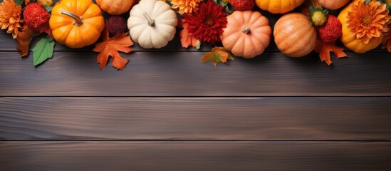 Poster - Thanksgiving theme with orange pumpkins, fall leaves, and flowers on a wooden table. Overhead view with room for text or image