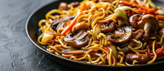 Wall Mural - Close-up of a porcelain plate with Chinese stir-fried noodles, including mushrooms, Chinese cabbage, and carrots against a black backdrop for a copy space image.