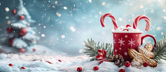 Aufkleber - Festive cup with fir trees, candy canes, and ginger cookies on snowy background for Christmas or New Year's card with copy space image.