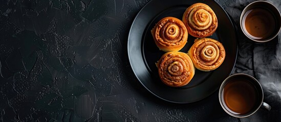 Wall Mural - Cinnamon rolls and buns are arranged enticingly on a black plate accompanied by a cup of tea. The dark backdrop enhances the presentation with available copy space image in a top view.