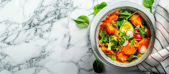 Poster - A vibrant spring vegetable soup displayed on white marble with copy space, seen from above.